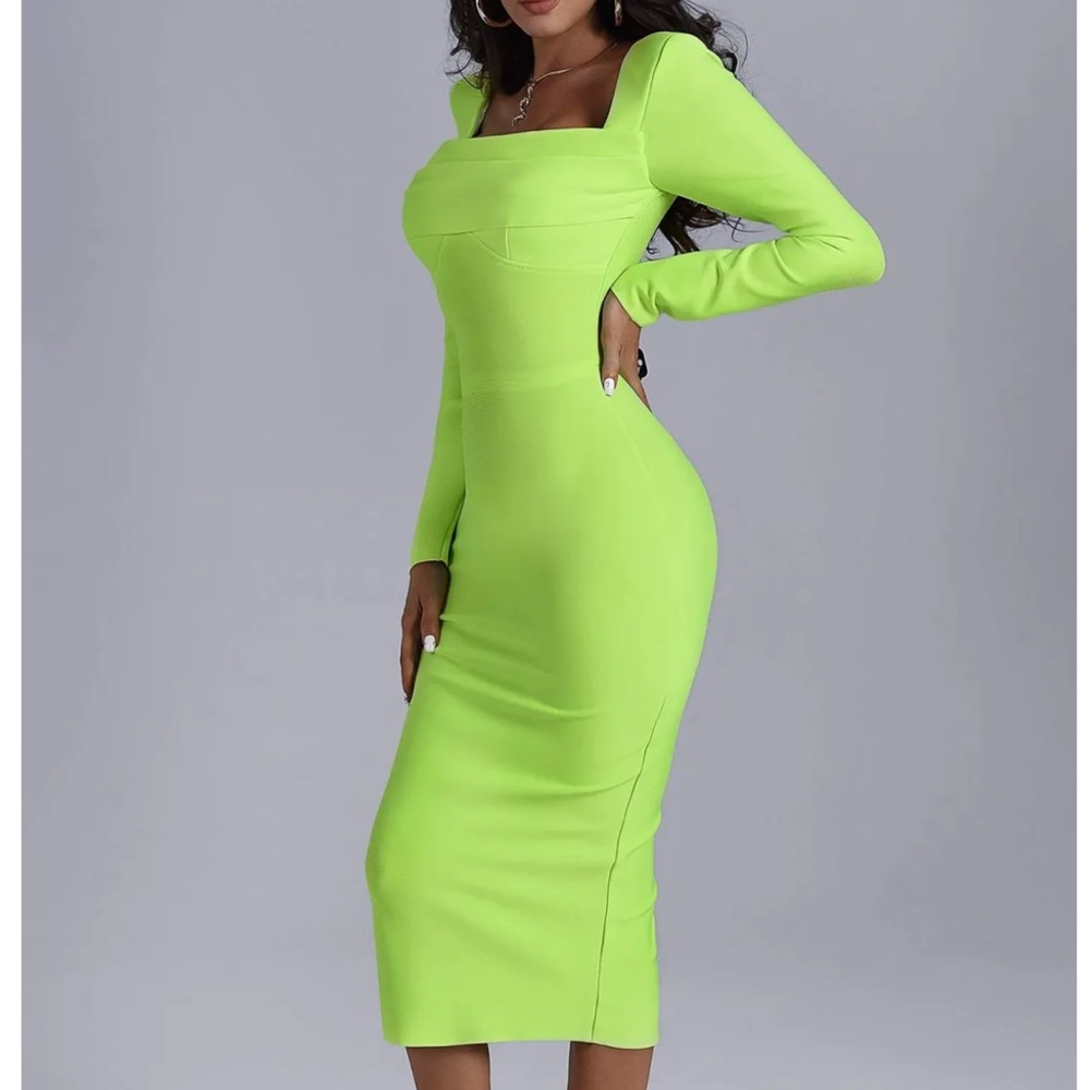 NWT Elegant Lime Green Midi Dress - Picture 2 of 6